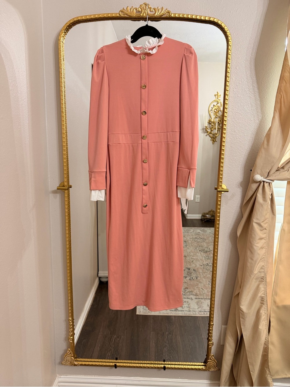 SHEIN Coral Midi Shirt Dress with White Ruffle Collar